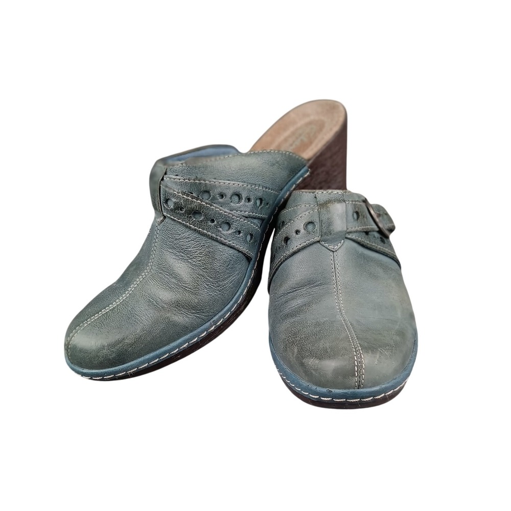Clarks Bendables Women Blue Leather Buckle Wedge Clog Mules Shoes Size 8.5M